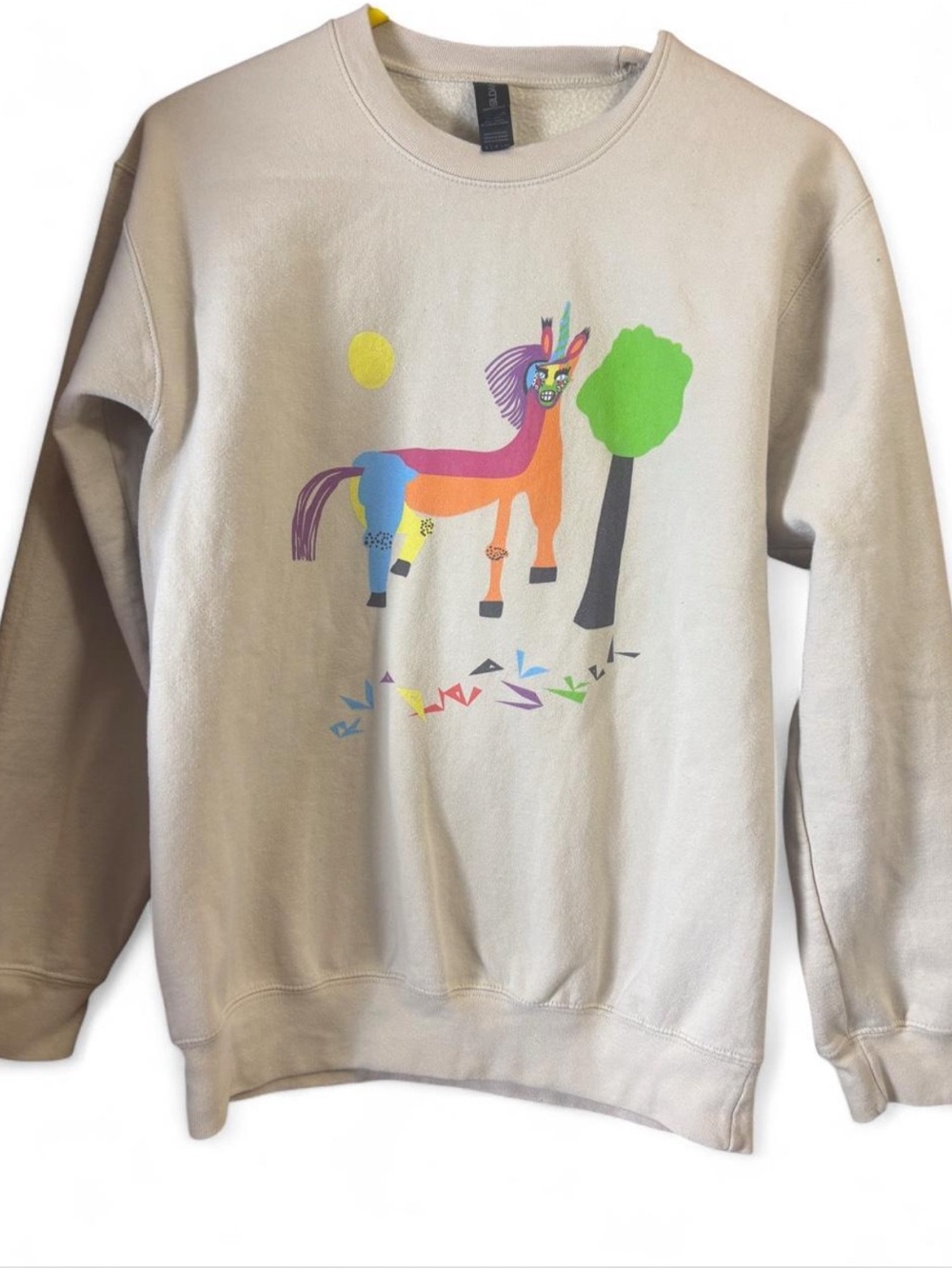 Funny whimsy beige unicorn sweater women’s small
